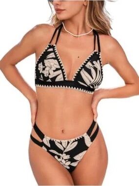 NWT Cupshe Black Cream Floral Print Two Piece Bikini Size Medium